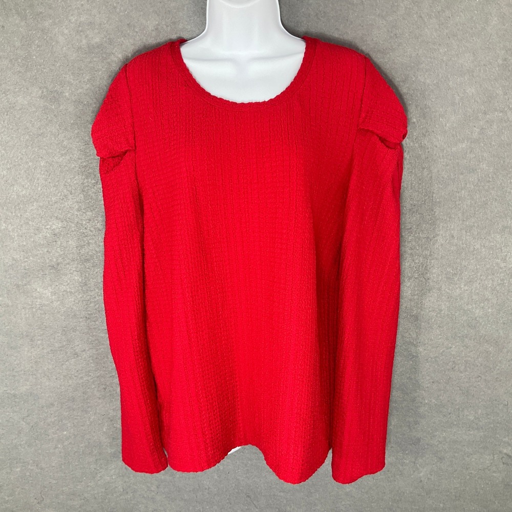 LOFT Red Textured Long Sleeve Top Ruched Sleeve Detail Women's Size XL